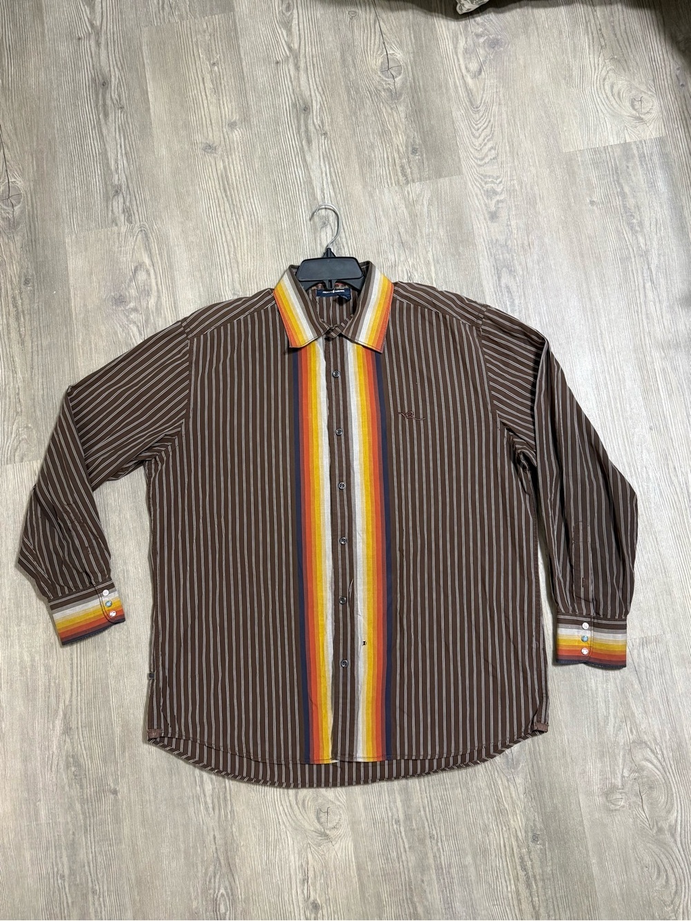 Vintage XL Men’s Rocawear Brown Striped Shirt with Colorful Accents